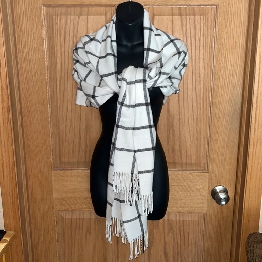 Winter white and black plaid wrap scarf